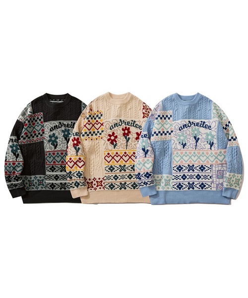 セーター ニット 「HOOK」パッチワーク模様ニットプルオーバー メンズ