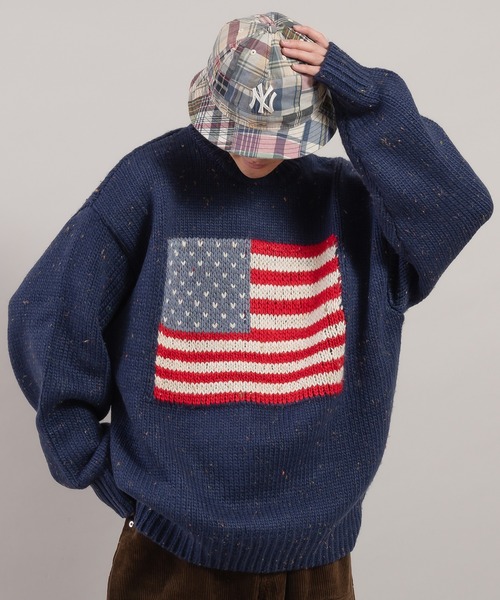 Perushu セーター ニット カラーネップ国旗ルーズニット メンズ