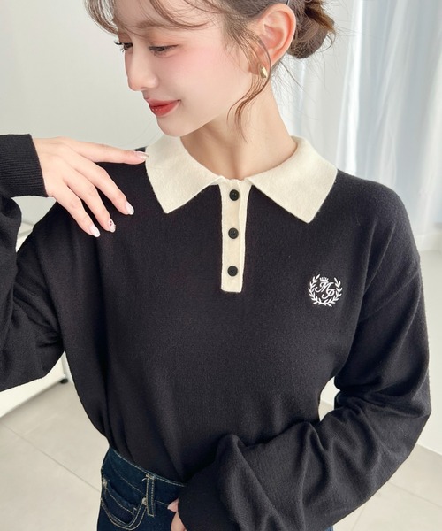 moment+ ニット セーター 12G ワンポイント刺繍入り衿付きポロニット