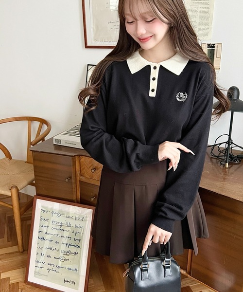 moment+ ニット セーター 12G ワンポイント刺繍入り衿付きポロニット