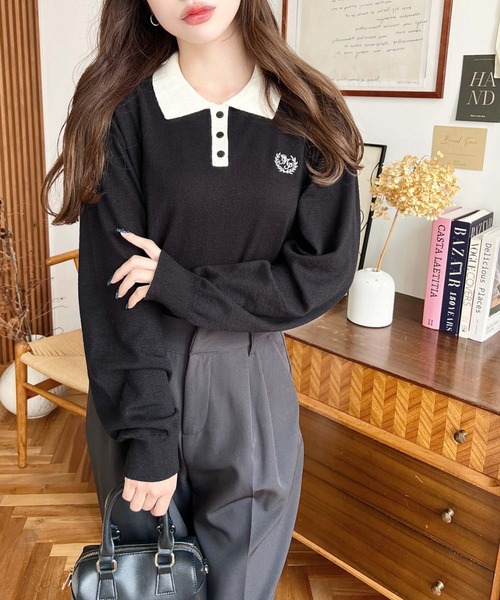 moment+ ニット セーター 12G ワンポイント刺繍入り衿付きポロニット