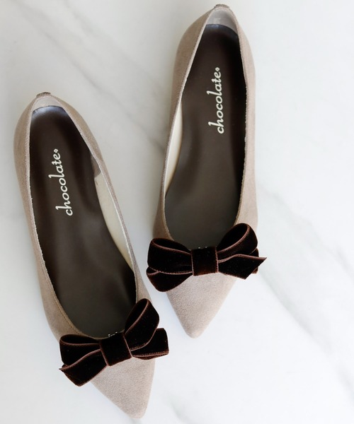 パンプス 晴雨兼用 ベルベットリボン ポインテッドトゥ パンプス「日本