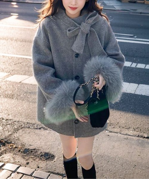 コート アウター ファーカフスリボンネックダブルブレストコート