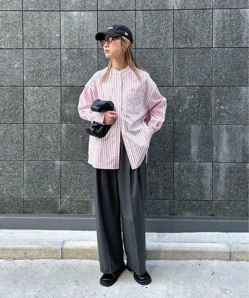 feepur（フェピュール） ブラウス シャツ ノーカラーストライプビッグ