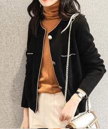 コート アウター バイカラーパイピング ニットジャケット レディース