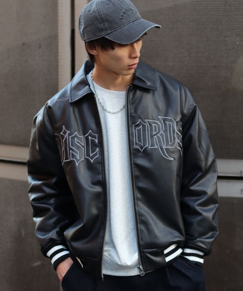 スタジャン フロントロゴ刺繍フェイクレザースタジャン メンズ