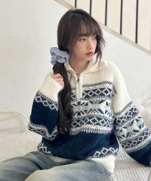 ニット セーター 「Good Riddance」ハーフジップ ノルディック柄