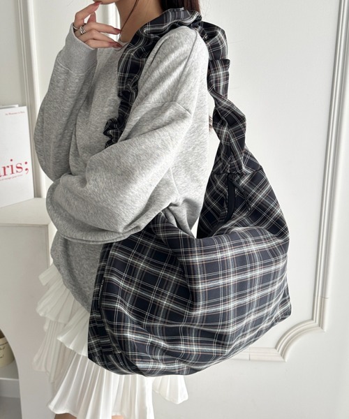 ショルダーバッグ バッグ 「A4収納可」ギャザーショルダーチェック柄