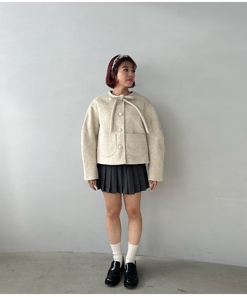 ジャケット ノーカラージャケット リボンタイ ショートウールコート