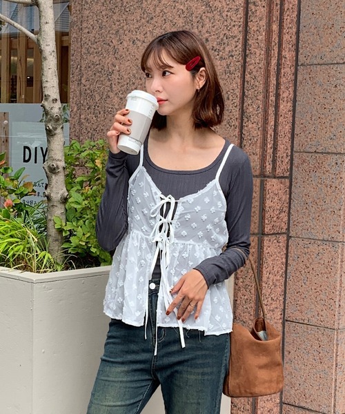 キャミソール 「前後2WAY」チュールティアード レイヤード前結びリボン