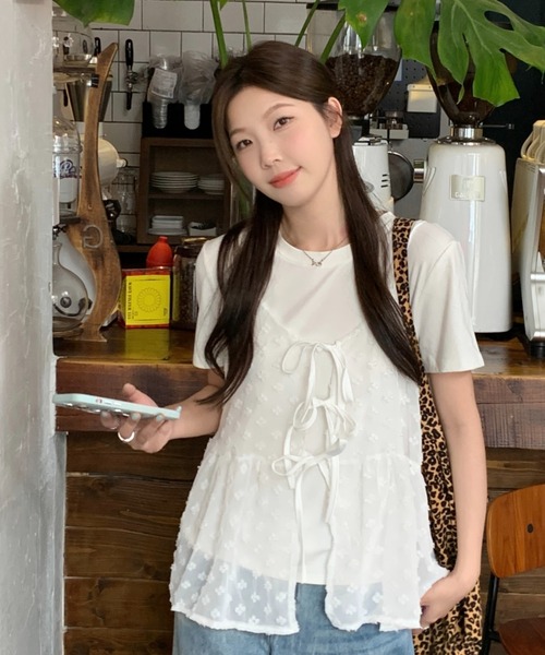 キャミソール 「前後2WAY」チュールティアード レイヤード前結びリボン