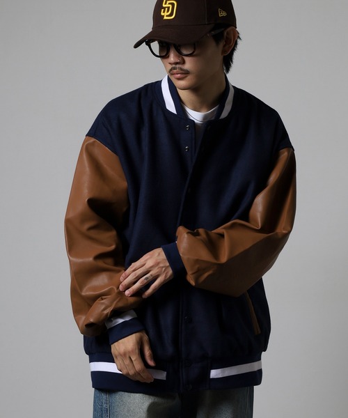 RE730 スタジャン ウールライク メルトン 袖PUレザー ビッグスタジャン