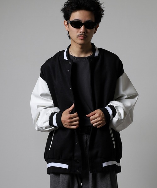 RE730 スタジャン ウールライク メルトン 袖PUレザー ビッグスタジャン