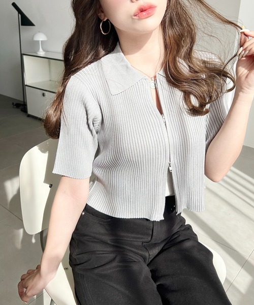 moment+ カーディガン Wジップ衿付き半袖ニットカーディガン