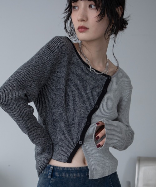 カーディガン アシンメトリーMIX配色リブニットカーディガン/新色追加