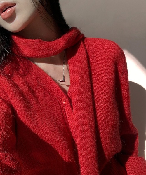 leune（ルネ） カーディガン チョーカーマフラー付きVネッククロップ