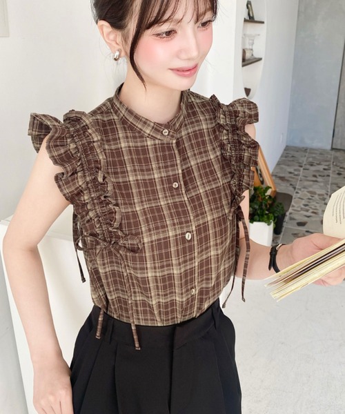 moment+ ブラウス シャツ ドロストリボンフリルチェックブラウス