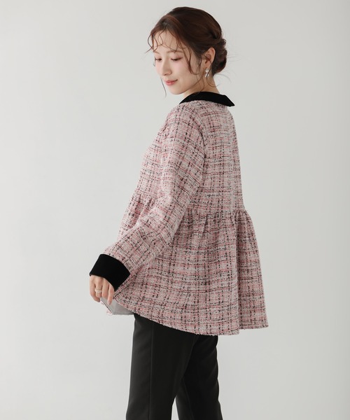 Fit more（フィットモア） ツイードベロアカラーペプラムトップス