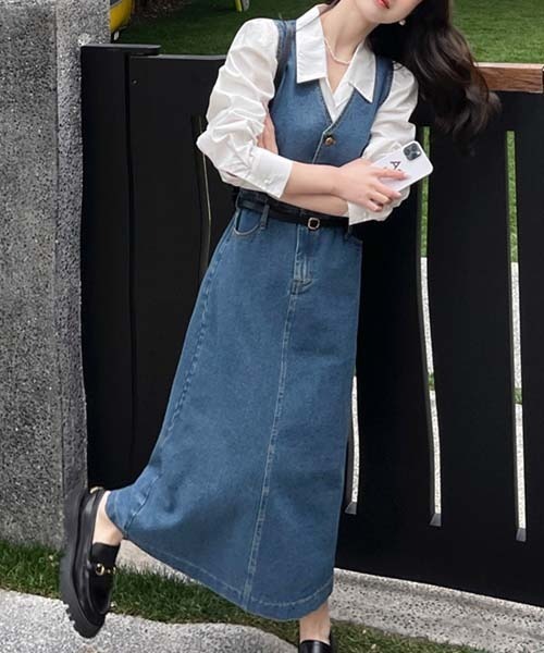 gossip!ロサンゼルス ワンピース Vネックノースリーブデニムワンピース