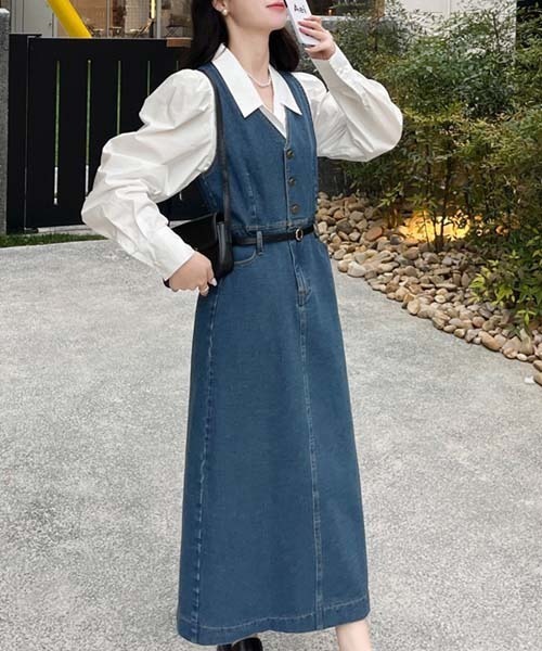 gossip!ロサンゼルス ワンピース Vネックノースリーブデニムワンピース