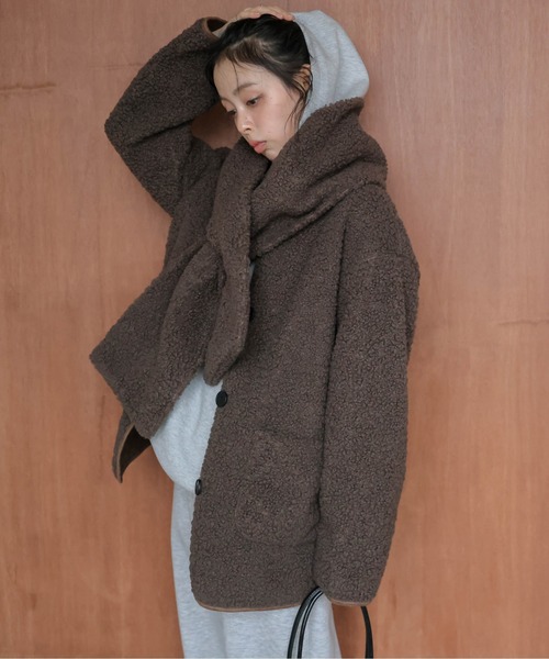 ジャケット ノーカラージャケット マフラー付き ノーカラーボア