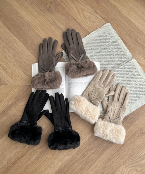 CLEA 手袋 「スマホ対応」リボンモチーフ付きファー手袋 レディース