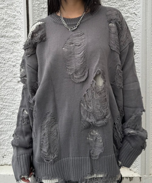 KsG ニット セーター ダメージクラッシュルーズグレーニット