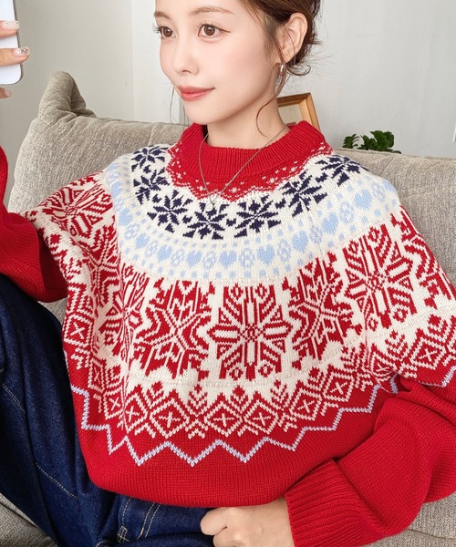 moment+ ニット セーター スノーノルディック柄求心Wジャガードニット