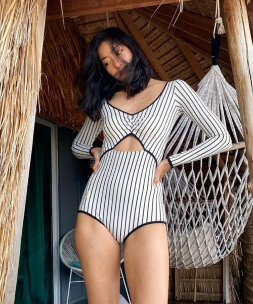 水着 ストライプ＆チェック ロングスリーブワンピース水着 レディース