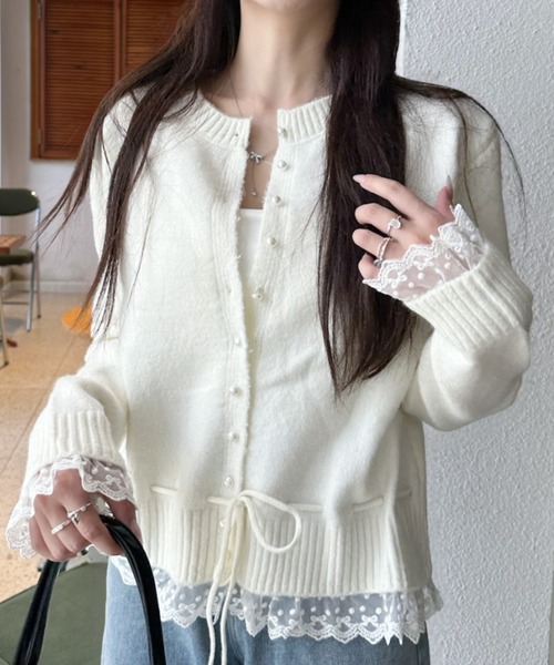 Ada. カーディガン パールボタン レースデザイン リボン ドローコード
