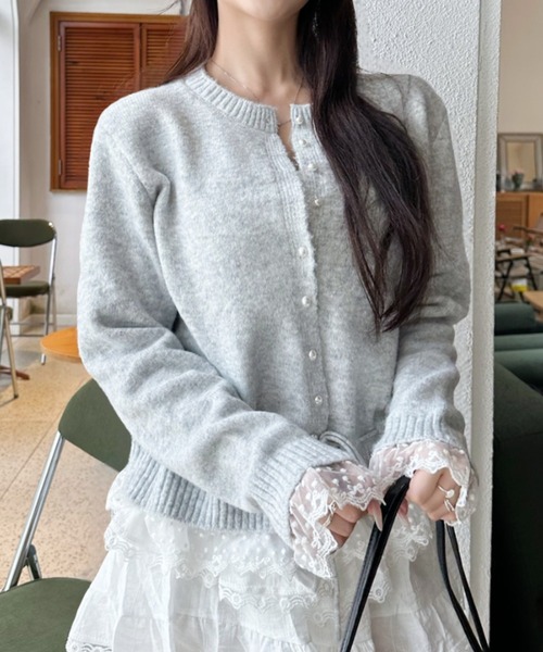 Ada. カーディガン パールボタン レースデザイン リボン ドローコード
