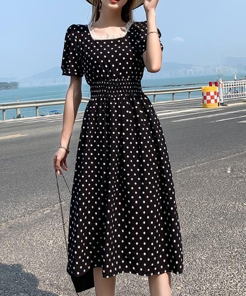 ワンピース ドット柄パールチュールスクエアネックワンピース