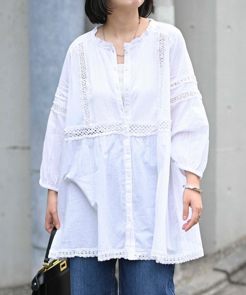 ＆HALF ブラウス シャツ インド綿フレアレース長袖ブラウス（インド綿