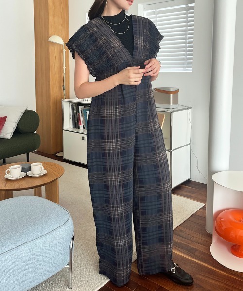 サロペット オーバーオール チェック柄 シャーリングサロペット