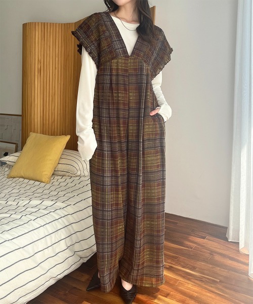 サロペット オーバーオール チェック柄 シャーリングサロペット