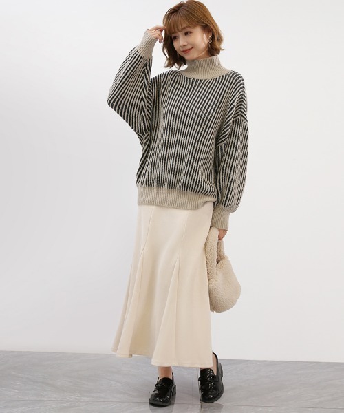 ニット セーター ストライプ柄ハイネックセーター レディース