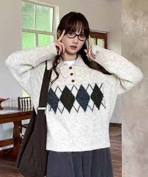 Achic（アシック） ニット セーター アーガイル柄 ニットカーディガン