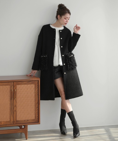 MERAKI ノーカラーコート コート チュールポケットロングコート