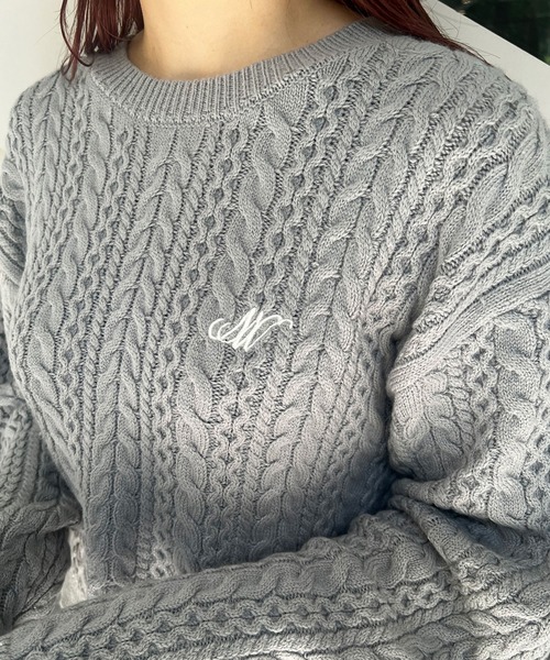 179/WG ニット セーター 配色ステッチケーブル編みニットプルオーバー