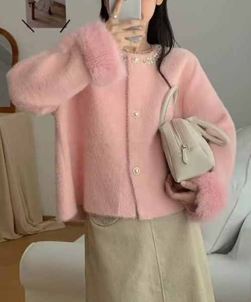 Diosfront カーディガン 襟パール付袖ファー切替シャギーニット