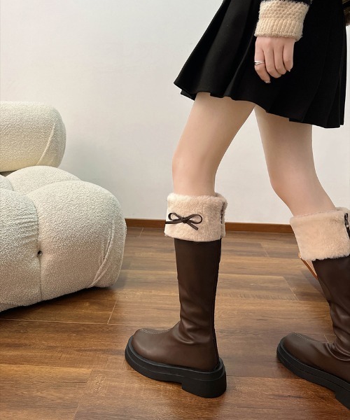 gossip!ロサンゼルス ブーツ Y2K リボン エコファー配色ロングブーツ
