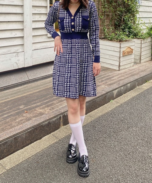 Mejoul ワンピース 千鳥柄 ウエスト切替 ニットミニワンピース