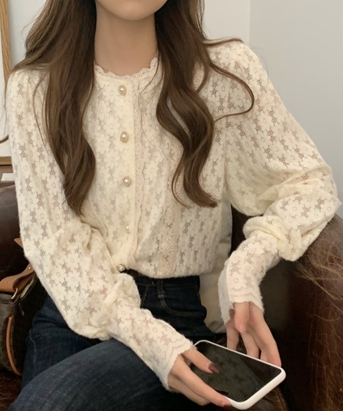 DAY CLOSET カーディガン レディース パール風ボタンの花柄レース