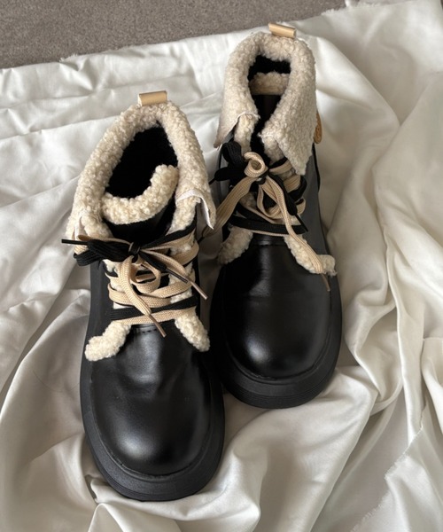 ブーツ もこもこ裏ボアフェイクムートンショートブーツ レディース