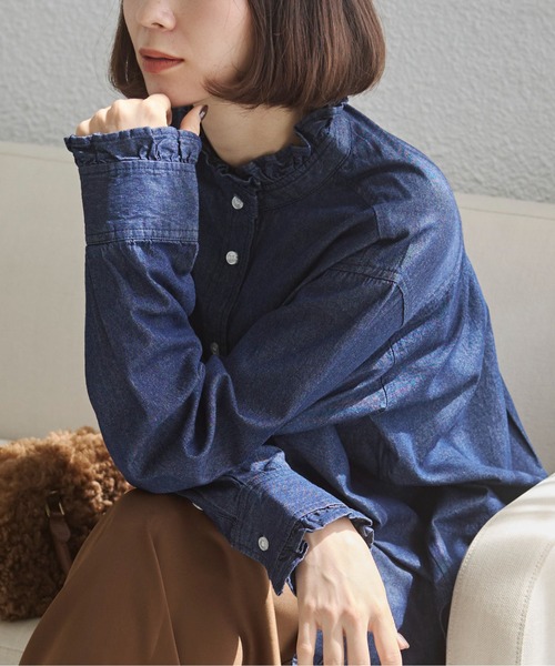 ANGIE ブラウス シャツ デニム フリルカラー シャツ レディース