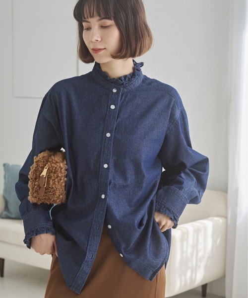 ANGIE ブラウス シャツ デニム フリルカラー シャツ レディース