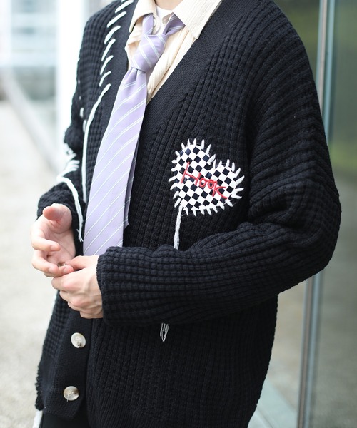 カーディガン HOOK -original- ブロックチェックハートパッチ ワッフル