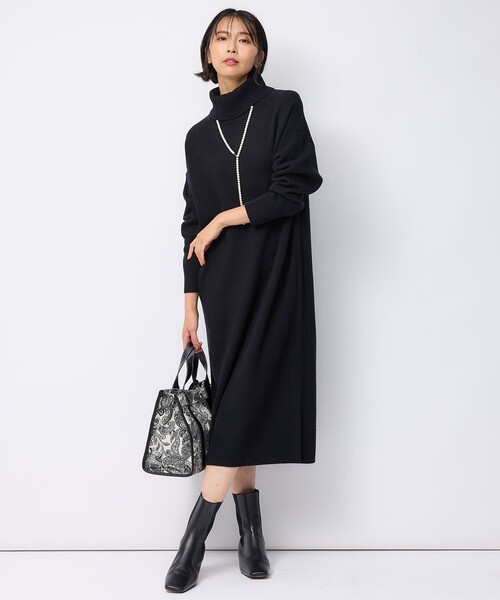 ワンピース 「洗える」ウールカシミヤ タートルネック ニット