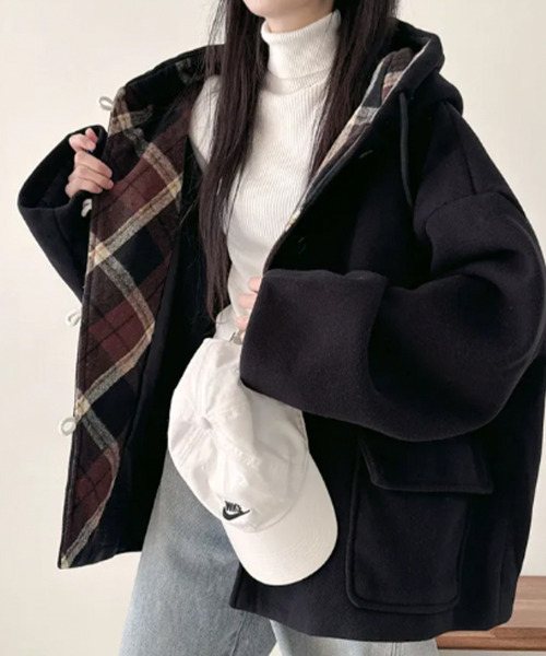 ダッフルコート コート チェック柄切替 オーバーサイズ レディース
