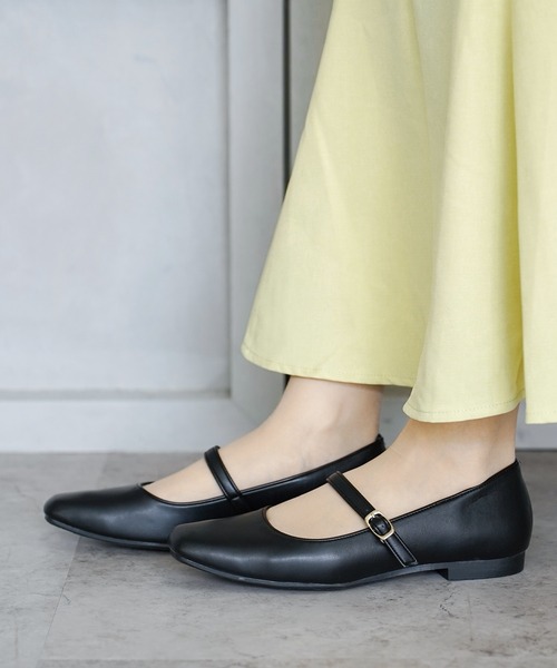 パンプス メリージェーン ストレッチ スクエアパンプス「日本製